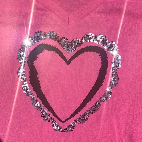 PINK SEQUIN HEART EMBELLISHED SHORT SLEEVE T-SHIRT, SIZE XL - Picture 2 of 6